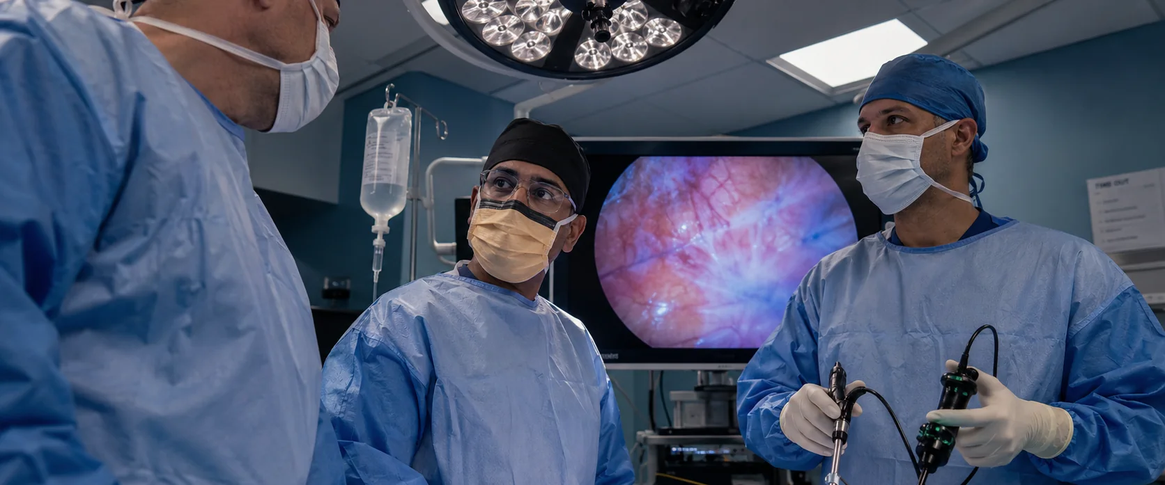 Three surgeons in an operating theatre. A monitor behind them shows the view from a laparoscopic camera.