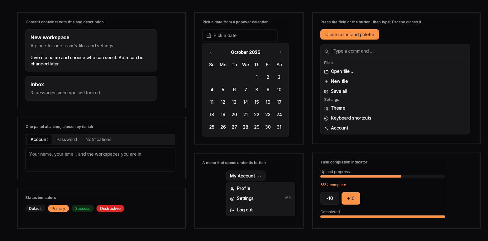 Some of bibui's building blocks on a dark background: a card, tabs, status badges, a date picker, a dropdown menu, a command palette and progress bars, with orange accents.