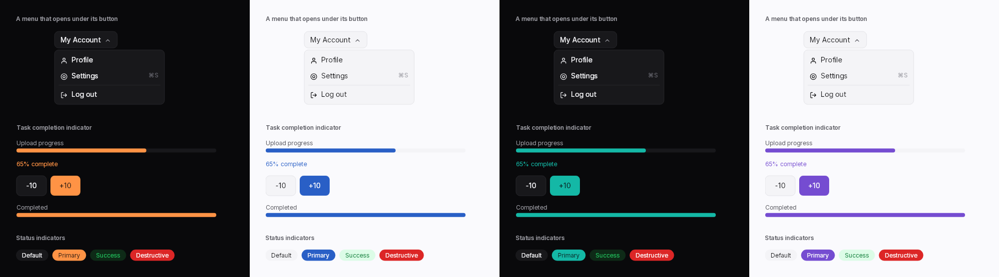 The same dropdown menu, progress bars and badges shown four times: orange on dark, blue on light, teal on dark and violet on light.